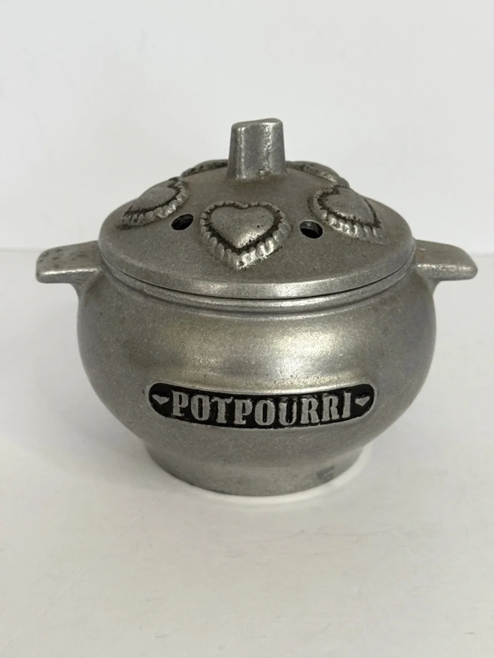 Vintage Solid Pewter Potpourri Bowl With Hearts on Lid, Rare